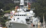 The frigate HMS Somerset showing the flag in home waters. Photo: Nigel Andrews.